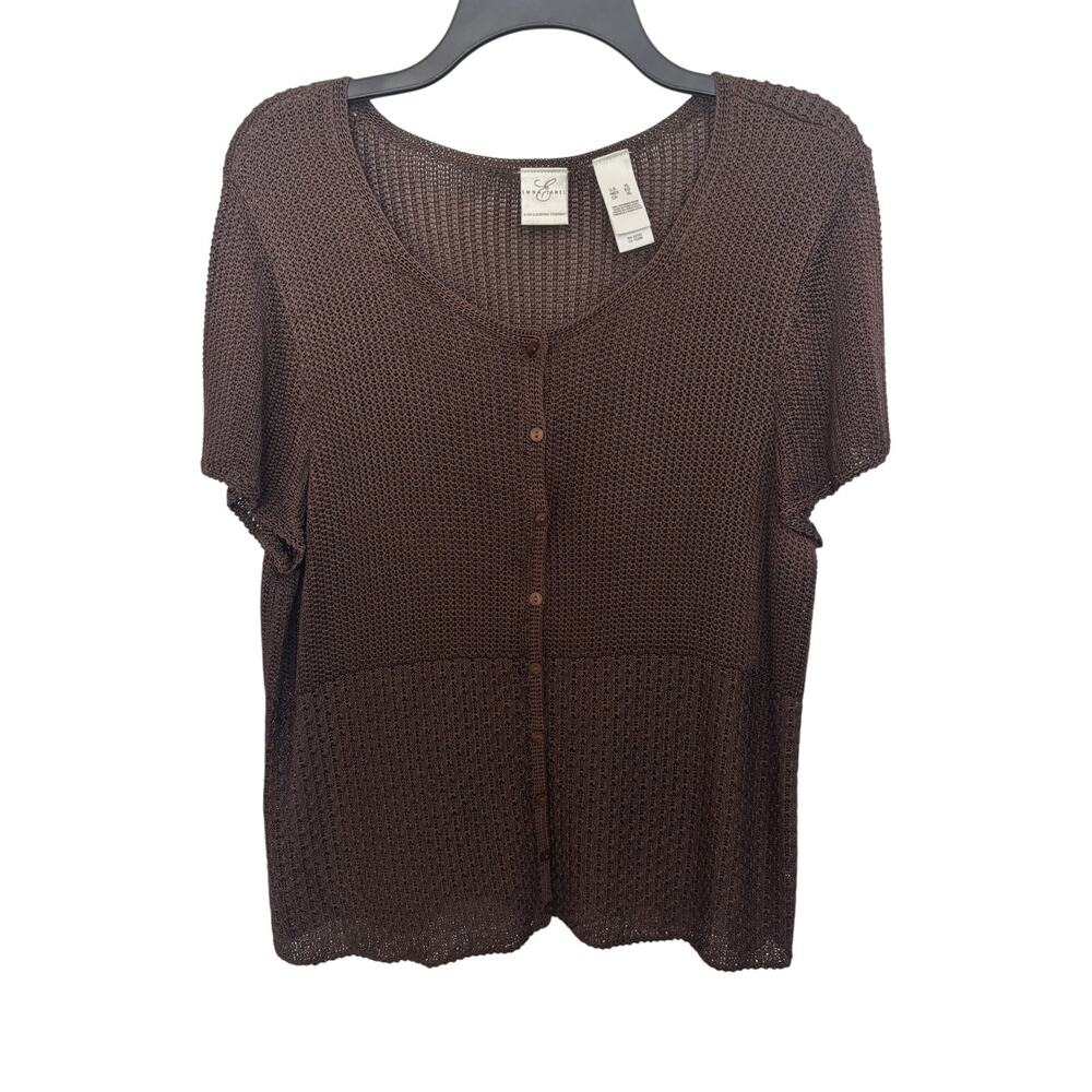Vintage Y2K Brown Crochet Knit Cardigan Short Sleeve XL Boho Button Front